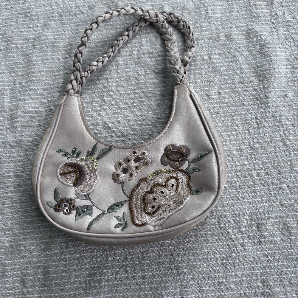 Champagne Satin Floral Embroidered Evening Bag Braided Strap